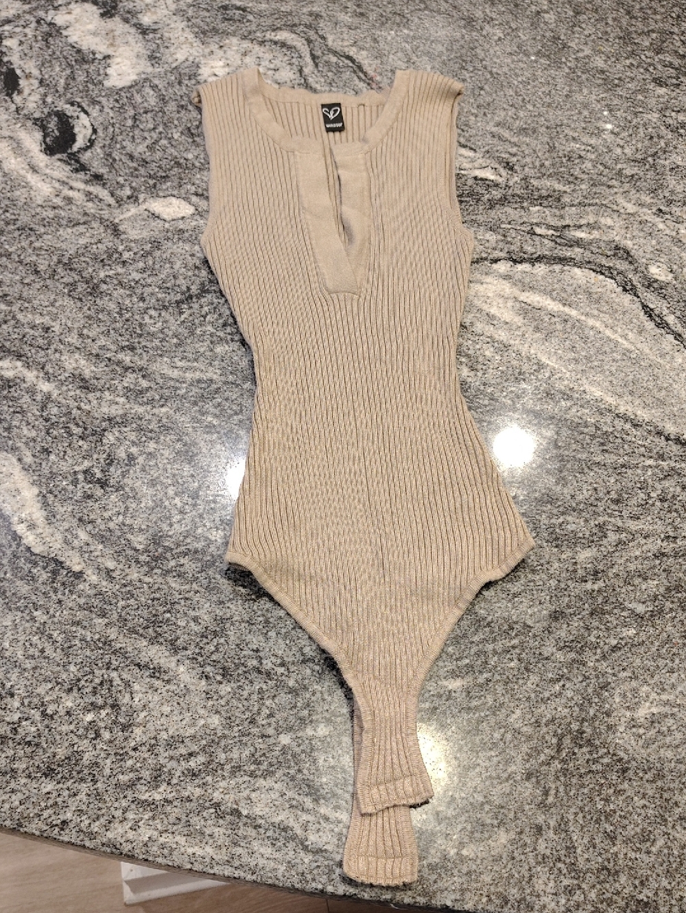 Windsor Ribbed Sleeveless V-Notch Bodysuit - Beige